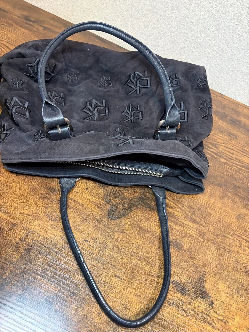 Vintage DKNY Black Suede Shoulder Bag Y2K Monogram Logo Embroidered Hobo Tote